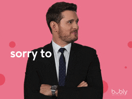 Ad gif. Singer Michael Bublé against a pink Bubly background turns to look at us and gives us a wink with a twinkle. Text reads, “Sorry to burst your…bublé.”