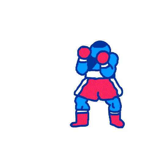 Cartoon gif. A blue boxer wearing red and white shorts, gloves, and boots, stands at the ready before he punches, uppercuts and then hits quickly several more times. 