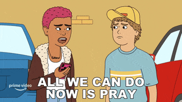 Cartoon gif. Derica and Dale on Fairfax stand sadly in the parking lot. Derica holds her phone in one hand and then puts her hand on Dale’s shoulder. She says, “all we can do now is pray.”