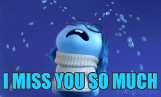 Illustrated gif. A character with blue hair, white sweater, and glasses cries profusely with its head back, tears bursting from its eyes like fire hydrants.