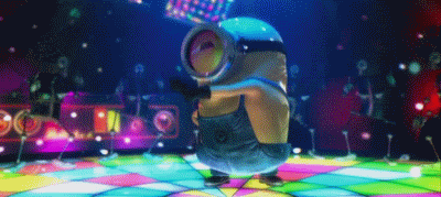 Despicable Me gif. A minion dancing disco on a light-up dance floor.