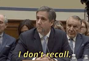 Political gif. Testifying at a hearing in Congress, Michael Cohen shakes his head and says, “I don't recall.”