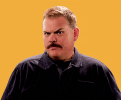 Video gif. Kevin Heffernan looks at us skeptically, his mustache frowning, raising an eyebrow and squinting his eye. 
