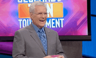 TV gif. Alex Trebek from Jeopardy looks happy and proud as he points at someone and says, "Good for you!"