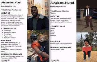 Video gif. We flip through pages upon pages of simplistic teacher resumes with individual names, about me sections, values, education and messages to students. Images of each teacher, with some including pictures of their families populate the right side of each page. 