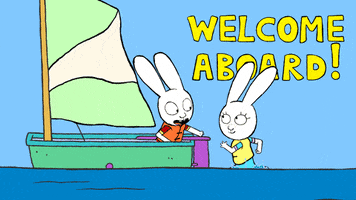 TV gif. Simon from Simon Super Rabbit helps his friend Lou climb aboard a sailboat. Text, “welcome aboard!”