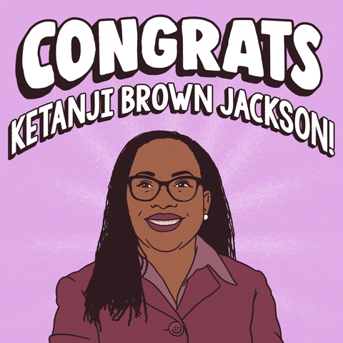Digital art gif. Illustration of a smiling Supreme Court Justice Ketanji Brown Jackson wearing a purple blazer. Text, "Congrats, Ketanji Brown Jackson," everything against a lilac background.