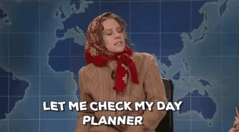 GIF of Kate Mckinnon on Saturday Night Live. She's saying, "Let me check my day planner."