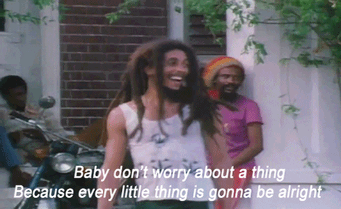 An animated GIF of Bob Marley, walking and smiling, with the text "baby don't worry about a thing. Because every little thing is gonna be alright" underneath.