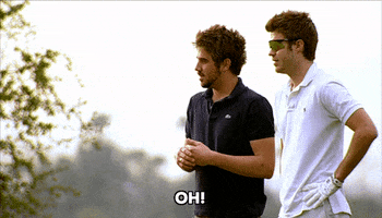 Reality TV gif. Jason Wahler laughs and Jordan Eubanks tosses up a hand on The Hills as they track something off screen. Text, "Oh!" 