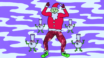 Illustrated gif. Santa Claus, with green skin and red eyes, dances in sync with four anthropomorphic bongs, against a background of a trippy purple and white wave pattern.
