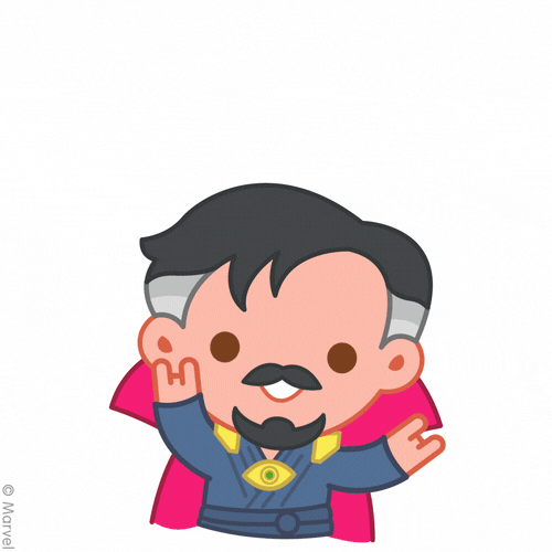 Illustrated gif. A cartoon version of Benedict Cumberbatch as Dr. Strange sways back and forth with his hands in the air, smiling. Above him, in bubble letters, scrolls the word "cool."