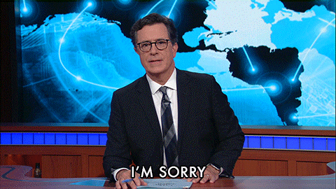 Stephen Colbert at a desk saying it won't happen again