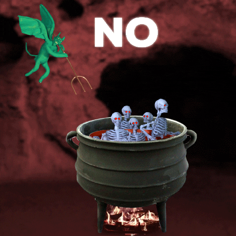 Digital art gif. Several skeletons cooking in a cauldron, and as one skeleton reaches out, a flying green devil with a pitchfork knocks it back down.  