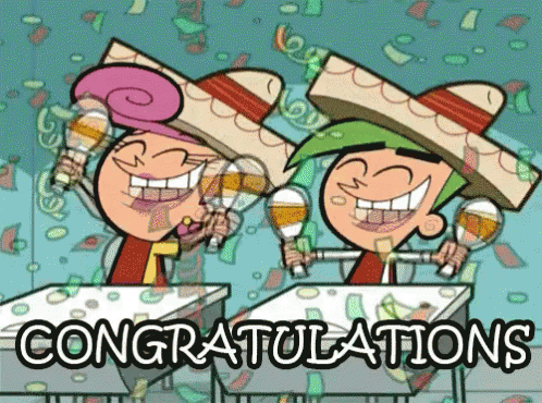 a congratulations card with two cartoon characters holding maracas
