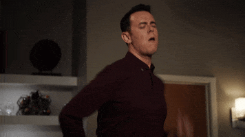 TV gif. Colin Hanks as Greg from Life in Pieces excitedly dances while pumping his arms, resembling running in place. 
