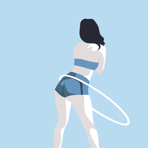 Digital art gif. Woman facing away from us has her butt pointed out slightly as she does the hula hoop.
