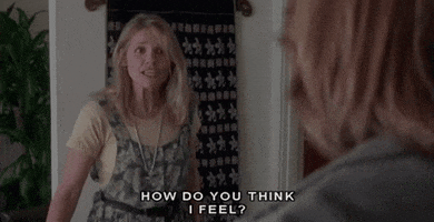 TV gif. Woman argues with someone offscreen like she's getting the last word. Text, "How do you think I feel?"