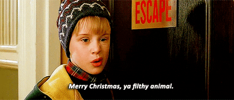 Movie gif. Macaulay Culkin as Kevin in Home Alone sneers and says "merry Christmas, ya filthy animal."