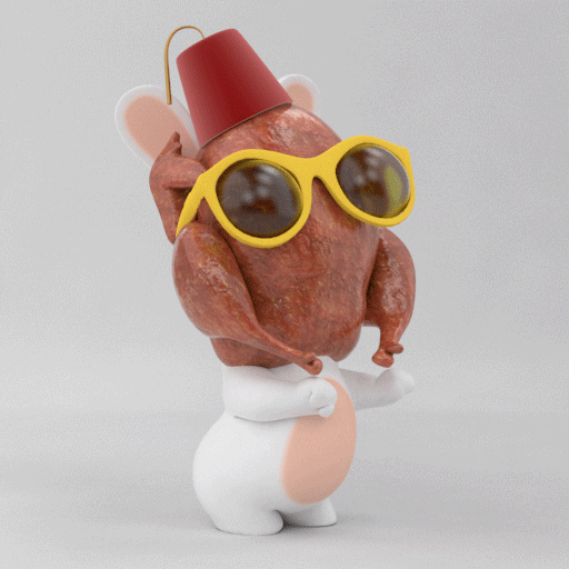 Illustrated gif. Three-dimensional-looking white rabbit creature wearing a cooked turkey over its head, with yellow sunglasses and a fez.