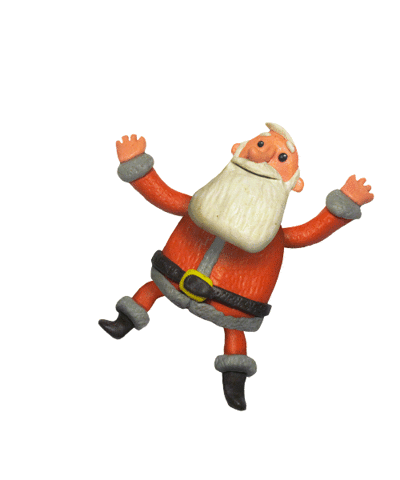 Holiday gif. Animated Santa Claus without a hat dances merrily in place by lifting his arms and kicking out one leg at a time.