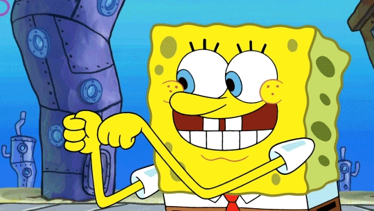 SpongeBob gif. SpongeBob pretends to crank his fist like a jack-in-the-box, and his thumb rises and pops out for a thumbs up. He then gestures to his thumb like "eh? What do you think?"