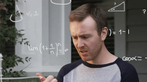 Video gif. A man counting on his fingers as geometric figures, formulas, and equations pop up around his face.
