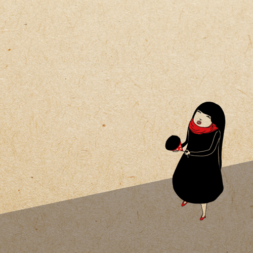Illustrated gif. A woman in a black dress and a red scarf looks up while holding a red party popper. She pulls the string on the popper and a black and white cat shoots out while saying, “Happy new year!” 