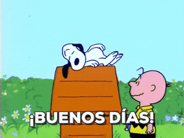 Cartoon gif. Snoopy stands on top of his house looking tired as he takes a big yawn. Charlie Brown stands below looking up at him with a smile that turns to concern. Text, "Buenos dias!'
