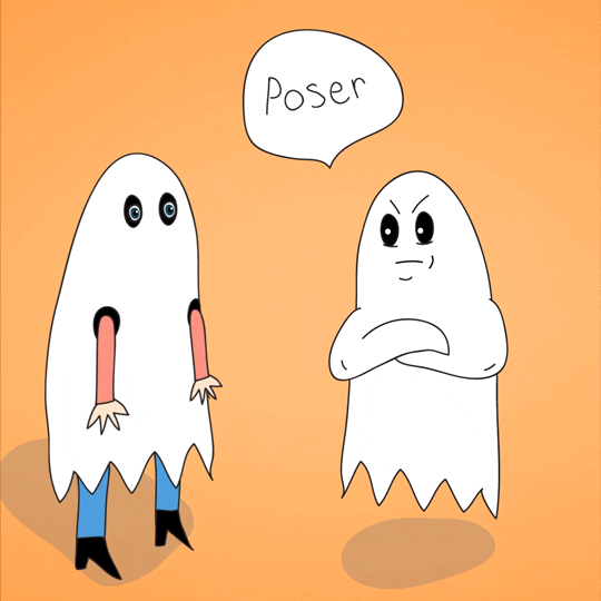 An animated gif with a cartoon of a real ghost floating up and down next to a person dressed in a ghost costume. The real ghost calls the person a poser.