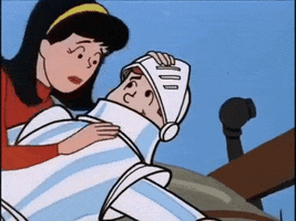 Cartoon gif. Archie and Veronica from The Archie Show. Archie is wearing knight's armor and lays on the ground as Veronica rubs his chest and gives him a kiss on the cheek.