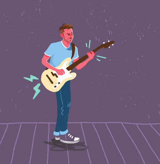 GIF of an animated man dancing around playing the bass guitar.