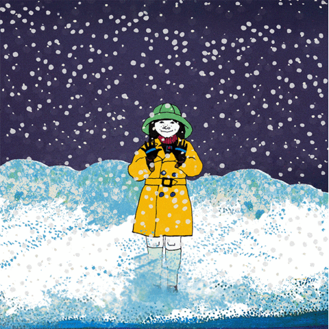Illustrated gif. Girl in a yellow coat stands in piles of snow up to her knees, shivering and waving at us in a friendly way, as snow falls heavily down around her.