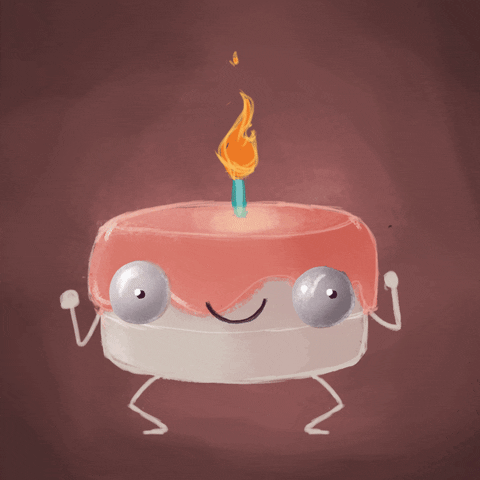 Kreslená pohyblivá animace s vyskakujícím dortem s polevou, svíčkou a usmívajícím se obličejem. 