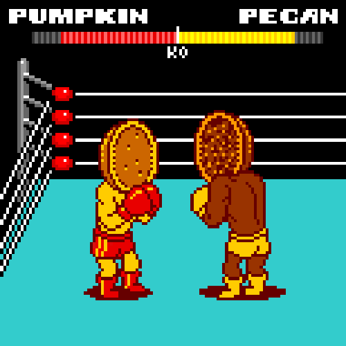 Illustrated gif. Mortal Kombat-style pie-headed wrestlers take turns punching each other. A KO bar at the top says "Pumpkin" and "Pecan."