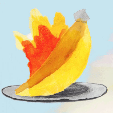 Digital art gif. A single banana on a dinner plate dances with watercolor flames.