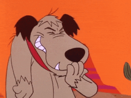 Cartoon gif. Muttley from Wacky Races covers his mouth and snickers with his eyes shut.