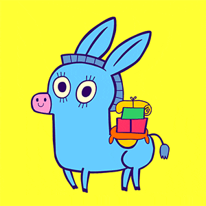 Illustrated gif. Cute blue burro with a small stack of items tied to its back prances up and down and blinks.
