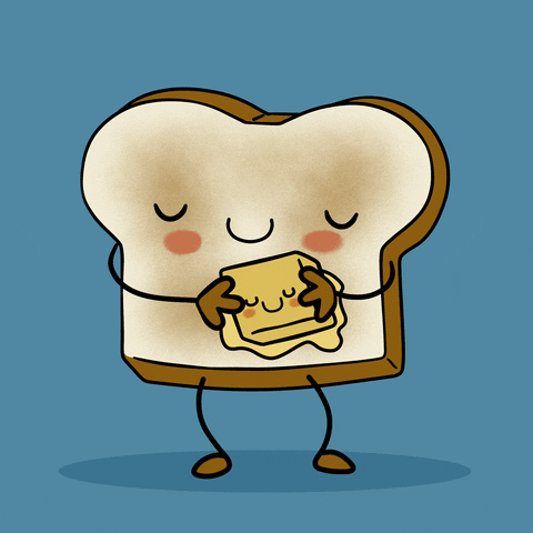 Illustrated gif. Slice of white bread with a cute face, arms, and legs holds a cube of melting butter that also has a face to its chest. The bread slice blinks and smiles warmly as it hugs the butter cube. Text, “You melt my heart.”