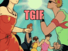 Cartoon gif. A crowd of cool looking people from the 1980s dance around under the sun. Text, “TGIF.”