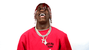 Celebrity gif. Lil Yachty seizes with laughter, doubling over, cracking up.
