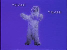 Video gif. Person in a llama suit dances excitedly in font of a blue background with their hands in the air. Text, “Yeah! Yeah! Yeah!”