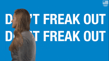 Celebrity gif. Competitive snowboarder Julia Marino restlessly paces back and forth in front of a solid blue background with the text: "Don't freak out Don't freak out"