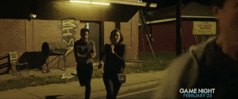 escape running GIF by Game Night Movie
