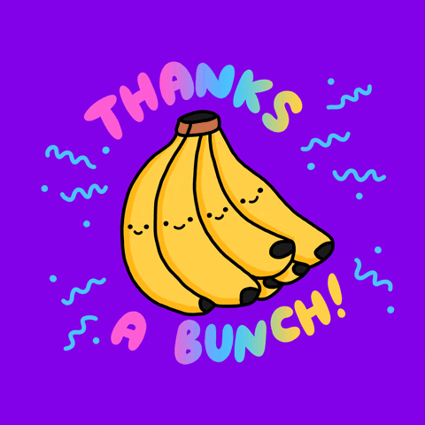 Illustrated gif. Bunch of bananas with smiley faces totter among animated squiggly lines and confetti. Text, "Thanks a bunch!"