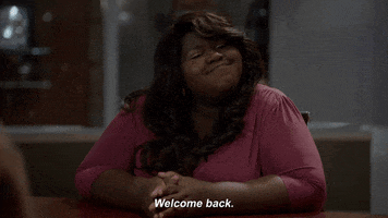 TV gif. Gabby Sidibe as Becky in Empire waits with smug patience, saying "welcome back" with a smile.