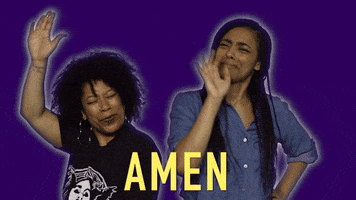 Video gif. Heben Nigatu and Tracy Clayton, hosts of podcast called "Another Round" are hyped up and waving their arms in the air and saying, "Amen!"