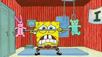 spongebob lifting stuffed animals