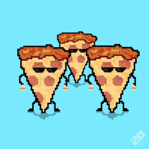 Digital art gif. Three pixelated pieces of pepperoni pizza wearing sunglasses dance back and forth.