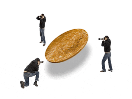 men photographing rotating pizza gif